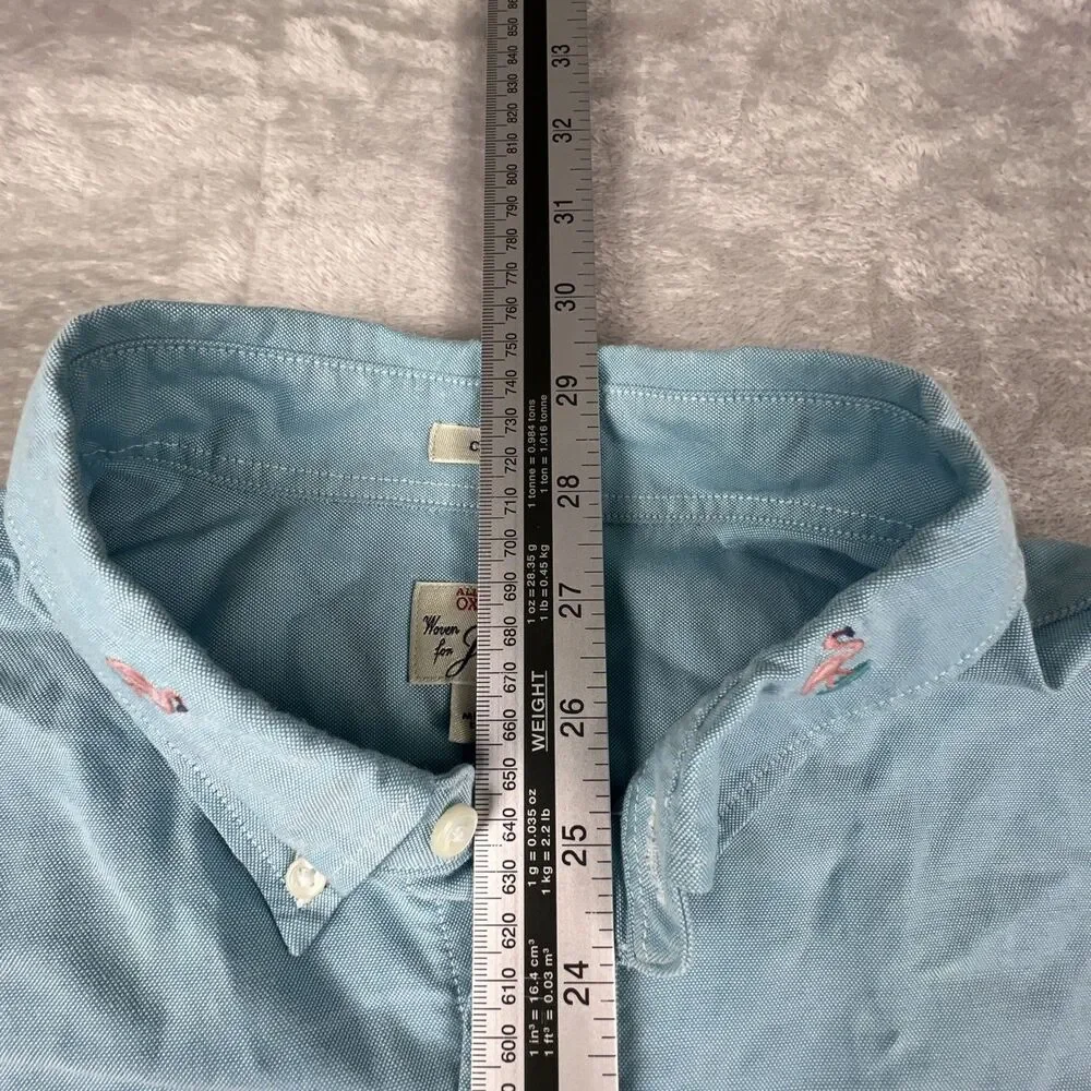 J.Crew Flamingo Embroidered Oxford Shirt Mens Large Blue Button Front Cotton